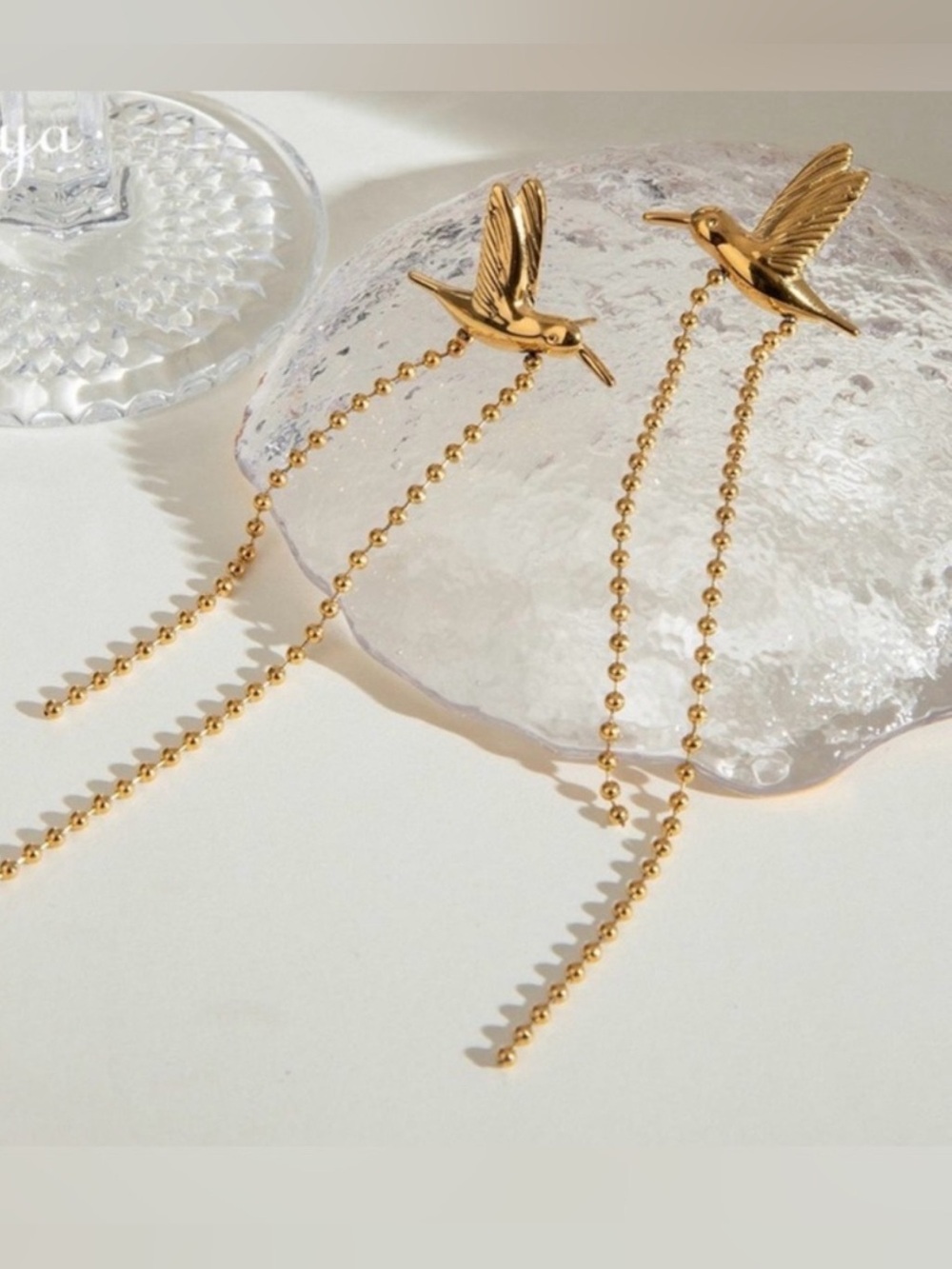 Gold Hummingbird Drop Earrings - Elegant Women's Jewelry